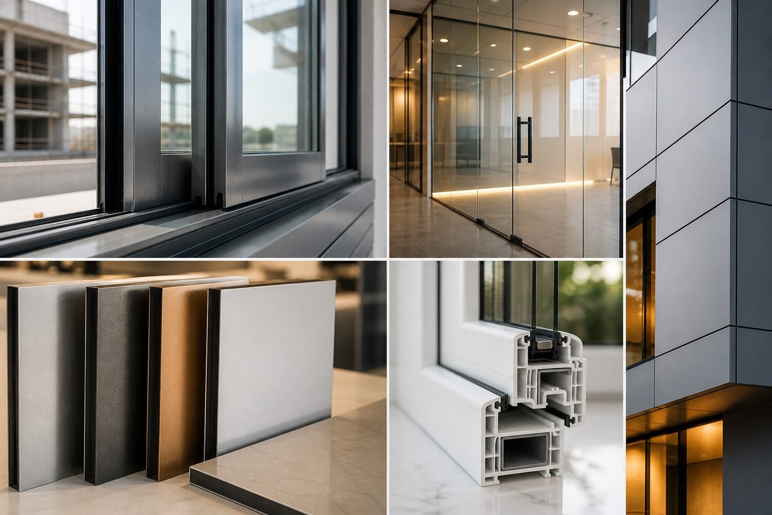 Aluminium, glass, ACP and UPVC material details